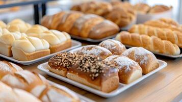 Freshly Baked Bread and Pastries Displayed on Shelves at a Bakery Shop photo