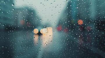 Rainy Day View With Urban Skyline and Blurred Lights in the Background photo