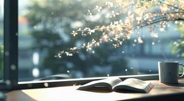Morning Light Illuminates Open Book and Coffee Mug by the Window photo