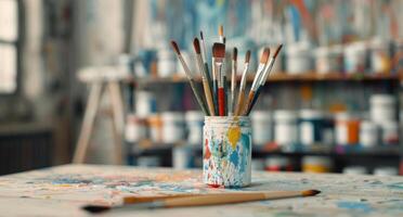 Art Studio Jar Filled With Paintbrushes on a Colorful Table photo