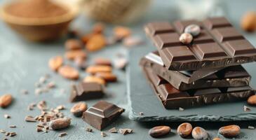 Rich Chocolate Bars With Cocoa Powder And Beans On Rustic Surface photo