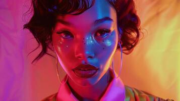 Close-Up Portrait of a Person With Blue and Red Light Patterns at Night photo