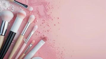 Cosmetic Brushes and Pink Powder on a Light Surface photo