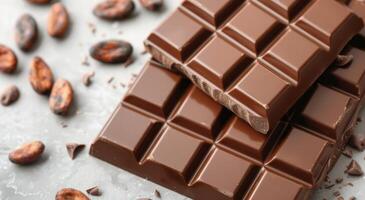 Dark Chocolate Bars With Cocoa Nibs And Powder On A Rustic Table photo
