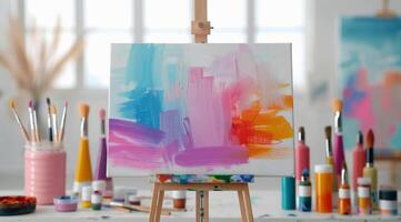 Colorful Abstract Painting in Bright Art Studio During Daylight photo