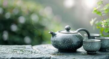 Delicate Tea Set With Teapot and Cups on Wooden Table Surrounded by Orchids photo