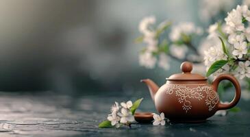 Ceramic Teapot Surrounded by Delicate White Flowers in a Serene Garden Setting photo