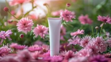 Moisturizing Cream Surrounded by Colorful Flowers in a Summer Garden photo