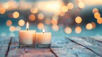 Tranquil Evening With Lit Candles on Weathered Wooden Table photo