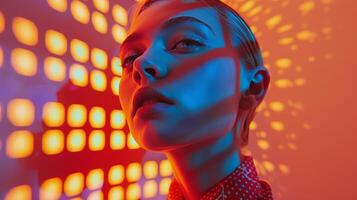 Close-Up Portrait of a Person With Blue and Red Light Patterns at Night photo