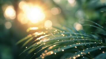 Sunlight Filtering Through Lush Green Palm Leaves in a Dense Tropical Forest photo