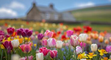 Countryside Cottage Surrounded by Colorful Tulip Field on a Sunny Spring Day photo