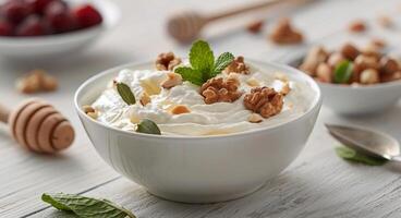 Creamy Yogurt With Almonds and Honey Served in Rustic Bowls photo