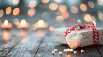 Festive Gift Box With Heart-Shaped Decorations and Twinkling Lights photo
