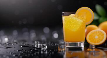 Refreshing Citrus Drink With Ice Surrounded By Oranges In Dimly Lit Setting photo