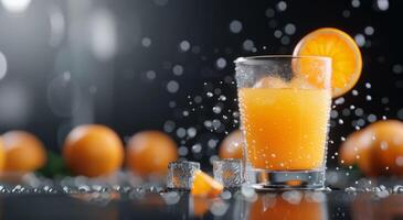 Refreshing Citrus Drink With Ice and Oranges Splashing on Dark Background photo