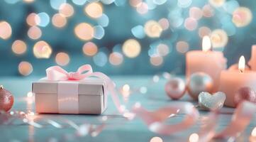 Romantic Gift Box Surrounded by Heart-Shaped Bokeh Lights at Dusk photo