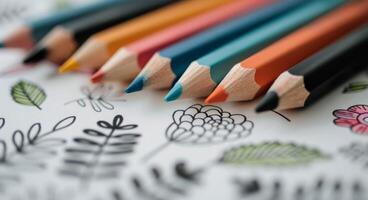 Vibrant Colored Pencils Arranged With Floral Coloring Page on Table photo