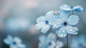 Delicate Blue Flowers With Dew Drops in a Soft Morning Light photo
