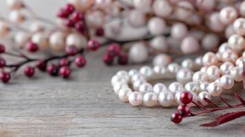 Elegant Pearl Necklace Surrounded by Red Berries on Wooden Table photo