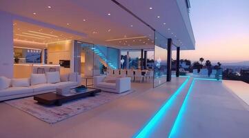 Modern Home Interior With Open Concept Design at Night Overlooking Mountain View photo