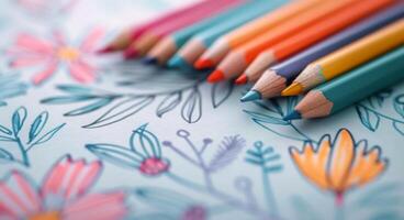 Colorful Pencils Lying on Floral Coloring Page in Cozy Indoor Setting photo