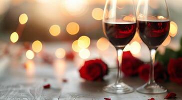 Romantic Evening With Red Wine and Roses on Rustic Wooden Table photo