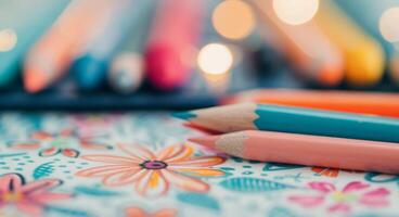 Colorful Pencils on Flower Patterned Paper With Blurred Background Lights photo