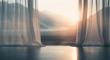 Serene Sunrise View Through Sheer Curtains in a Mountain Retreat photo
