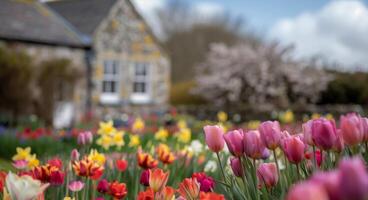 Countryside Cottage Surrounded by Colorful Tulip Field on a Sunny Spring Day photo