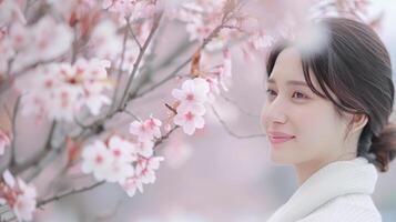 Young Woman Enjoying Cherry Blossom Blossoms in Springtime Park photo