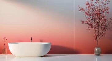Modern Bathroom Design With Gradient Wall and Cherry Blossom Decor in Soft Lighting photo