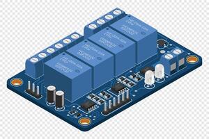Isometric electronic board. Isometric printed circuit board with electronic components. Electronic components and integrated circuit board vector