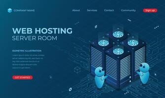 Isometric web hosting landing page concept. Concept of server hosting. Online computing technology. Digital technology website landing page vector