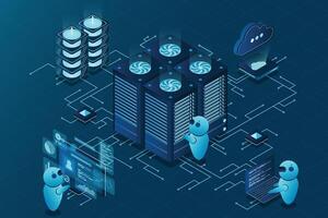Data center and web hosting isometric concept. Cloud computing storage. Isometric server room rack. illustration vector