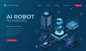 Isometric artificial intelligence robot landing page concept. Machine learning technology. Digital technology website landing page. illustration vector