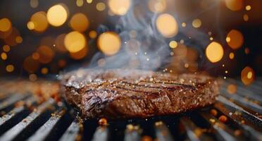Grilled Steak on a Plate With Smoke in a Cozy Restaurant Setting photo