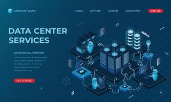 Isometric data center landing page concept. Networking, database, cloud storage. Digital technology website landing page. illustration vector