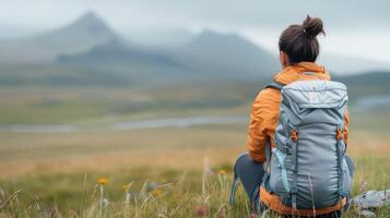Woman Sitting in Grass With Backpack Overlooking Mountain Landscape at Dusk photo