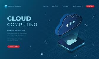 Isometric cloud computing landing page concept. Online computing technology. Digital technology website landing page. illustration vector