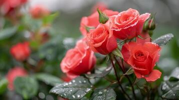 Vibrant Red Roses Blooming in a Sunny Garden at Dawn photo