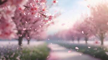 Cherry Blossom Pathway in Springtime With Petals Falling in the Breeze photo