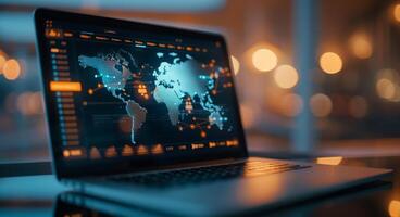 Global Data Visualization On Laptop Screen At Night photo