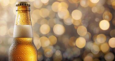 Refreshing Beer Bottle Against a Sparkling Festive Background photo