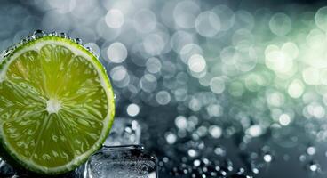Fresh Lime Slices and Ice Cubes on a Reflective Surface photo