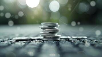 Stacked Coins on Wet Surface With Blurred Background in Natural Lighting photo