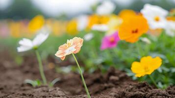 Colorful Spring Flowers Blooming in a Garden Bed Under Sunny Conditions photo