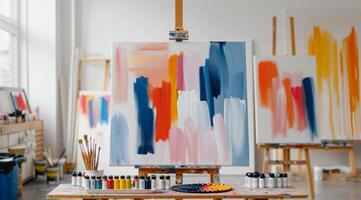 Colorful Abstract Painting in Bright Art Studio During Daylight photo