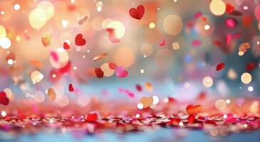 Heart-Shaped Confetti Falling on a Glittering Surface During a Celebratory Event photo