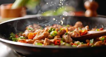 Stir-Frying Chicken With Green Onions in a Wok on a Modern Kitchen Stove photo